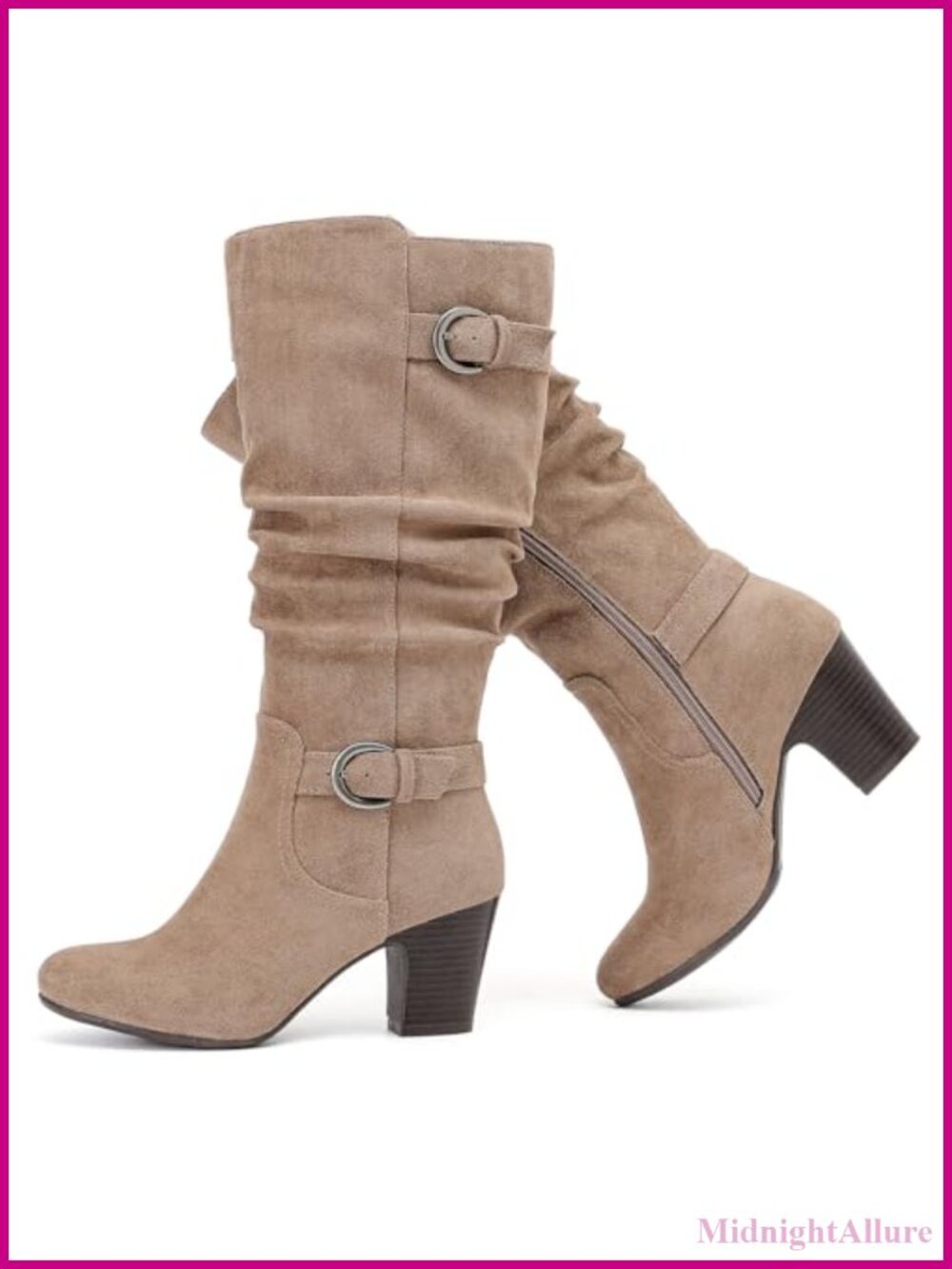 Women's Knee High Slouchy Heeled Boots Faux Leather Pointed Toe Block Heel